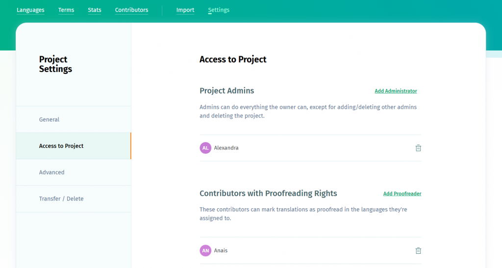 Add administrators or proofreaders in project Settings - POEditor Localization Platform