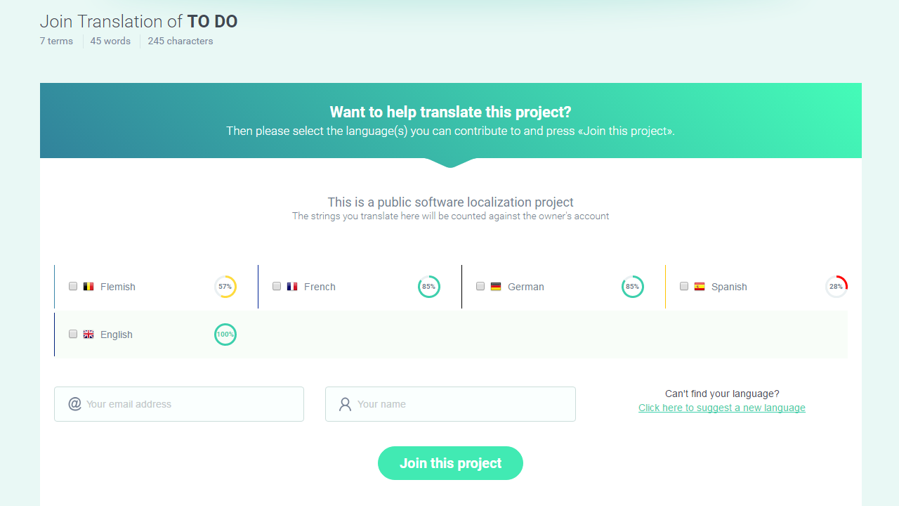 A public join page for a crowsourced localization project