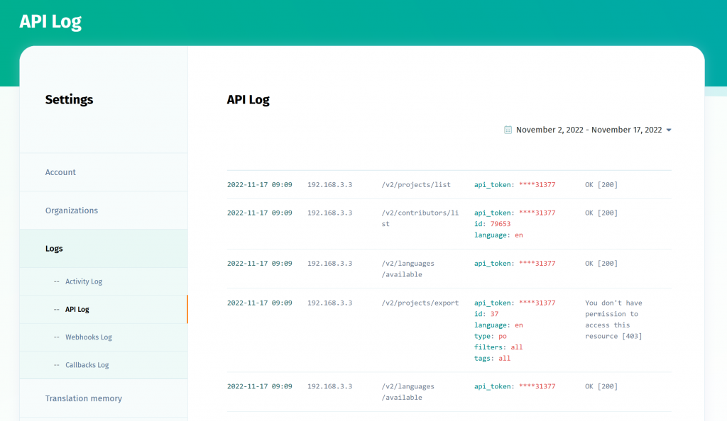 API Log - POEditor Translation Management Platform