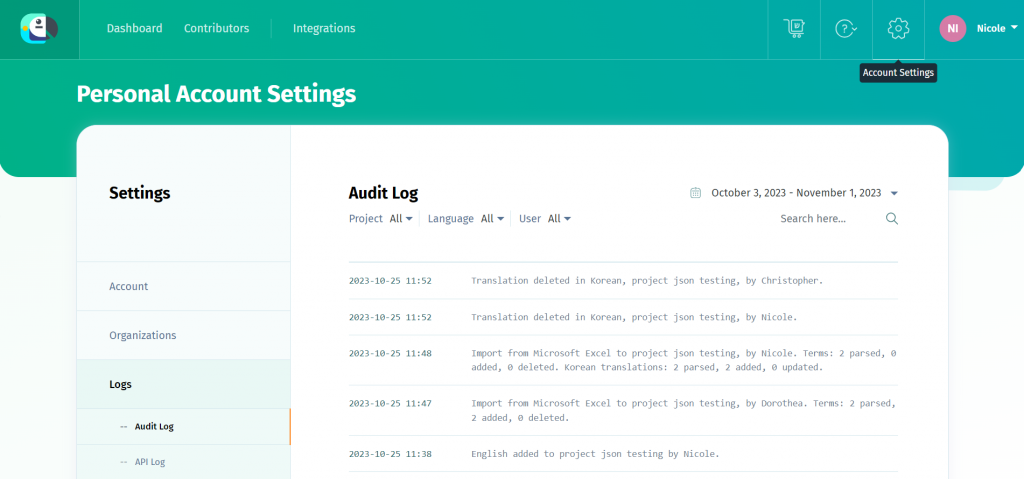 POEditor activity log - POEditor localization management platform