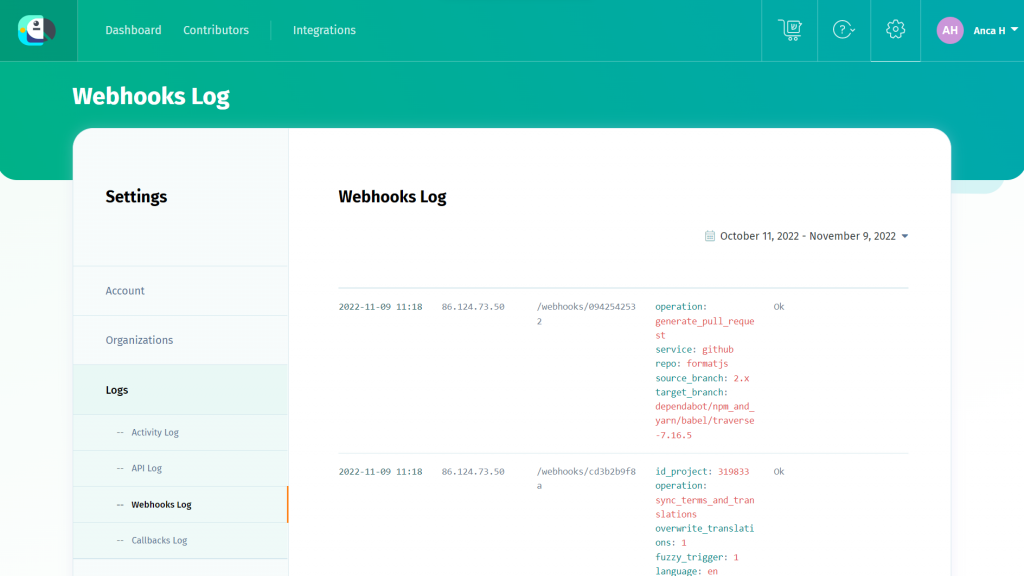 Webhooks Log - POEditor Translation Management Platform