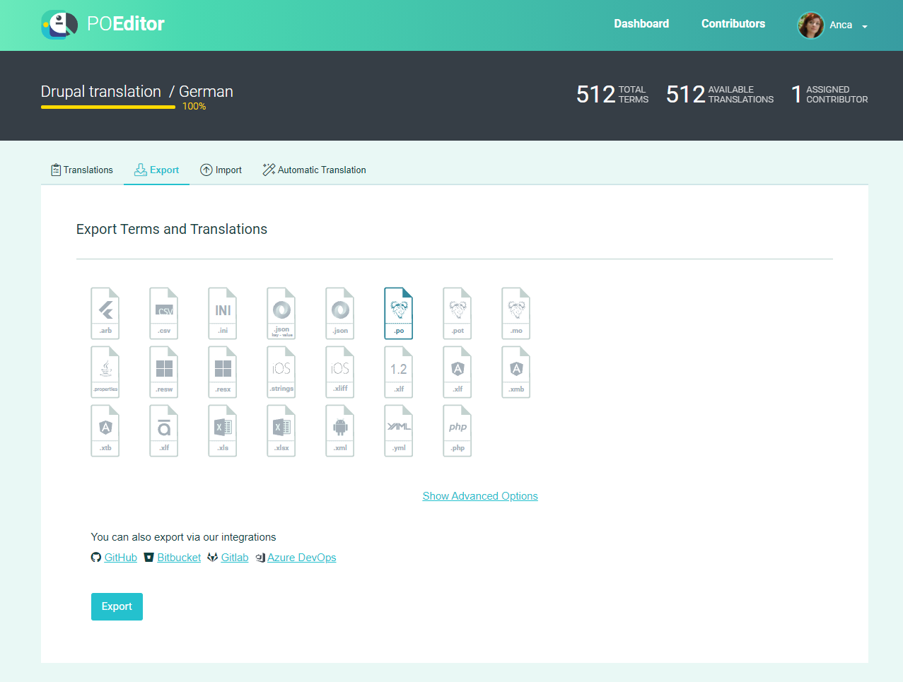 Export PO file (Export page) - POEditor translation management system