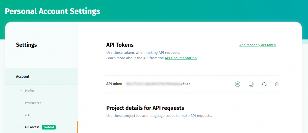 POEditor API token in Account Settings