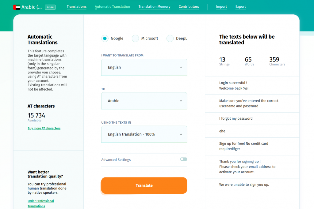 Values for machine translation (Automatic Translation page) - POEditor localization platform