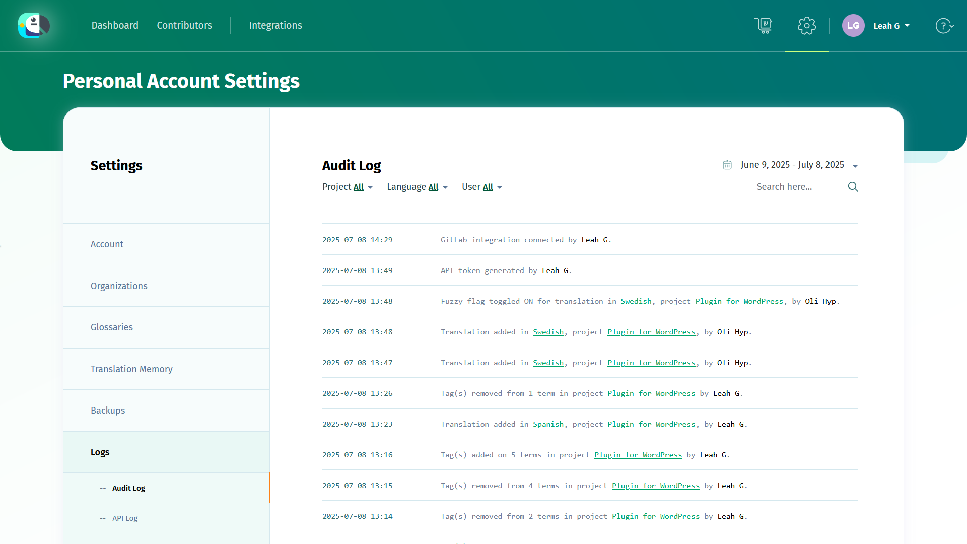 POEditor Account Settings